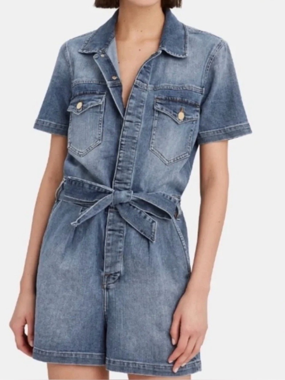 FRAME x goop Maxson Denim Romper Belted Short Sleeve Utility Jumpsuit Small